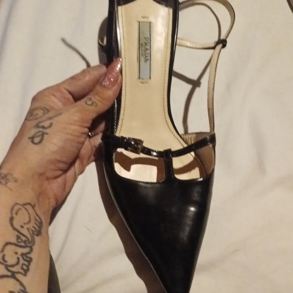 Prada Black Pointed T-Strap Pump with Neutral Lining